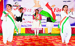 Students present a patriotic song at the four-day National Unity Camp at Sapt Rishi Ashram in Haridwar on Sunday