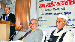 Khadi and Village Industries Minister Harish Chandra Durgapal (extreme right) at a state-level workshop for the promotion of MSMEs in Dehradun on Saturday
