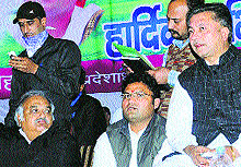 Assembly Speaker Kuldeep Sharma and Sirsa MP Ashok Tanwar attend a Yuva Shakti Sammelan at Mallekan in the Ellenabad area of Sirsa on Sunday