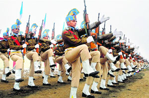 CRPF recuits during the passing-out parade at Humhama Training Centre in Srinagar on Sunday