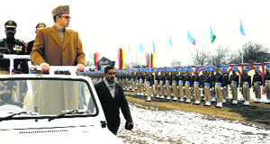 Chief Minister Omar Abdullah inspects the guard of honour during the CRPFs attestation-cum- passing-out parade at the CRPF base camp in Srinagar on Sunday.