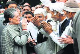 Congress chief Sonia Gandhi meets Jat community members in New Delhi on Sunday