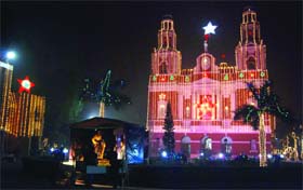 The Sacred Heart Cathedral illuminated for Christmas near Gole Dak Khana in New Delhi on Monday