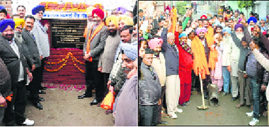 Akali MLA Ranjit Singh Dhillon and Mayor Harcharan Singh Gohalwaria inaugurate a sewerage project in Guru Gobind Singh Nagar; and (right) Independent councillor Daljit Singh Grewal inaugurates the same project in Gopal Nagar, Ludhiana, on Monday.