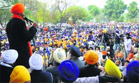 SURGE OF SUPPORT: Sikh activist Gurbaksh Singh Khalsa addresses a Panthic sammelan at Gurdwara Amb Sahib in Mohali on Monday