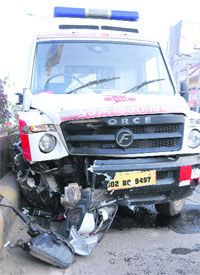 The two-wheeler that was crushed under a 108 emergency ambulance on the Majitha road in Amritsar on Tuesday. 