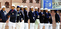 Schoolchildren from UP form a queue to visit Parliament Museum in New Delhi on Tuesday