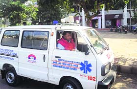 The ambulance linked to  emergency number '102', parked in front of the PUDA, in Jalandhar