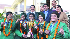 Students of Green Land School during their felicitation in Ludhiana.
