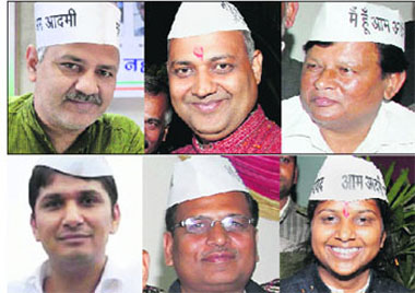 The probables: (Clockwise from top left) Manish Sisodia, Somnath Bharti, Girish Soni, Rakhi Birla, Satendra Jain and Saurabh Bhardwaj