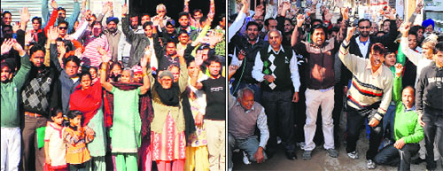 Residents and shopkeepers of Paras Ram Nagar hold protest in support of their demand for the widening of the main road that links the locality to Behman village in Bathinda on Wednesday.