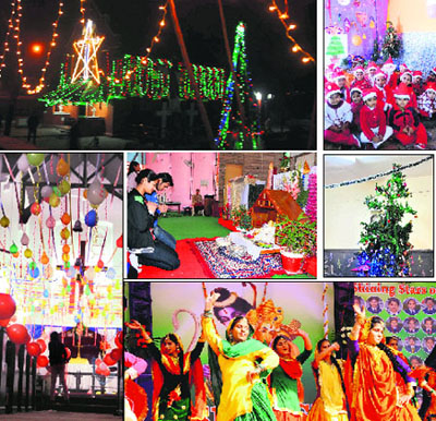 A beautifully decorated church on Thandi Sadak in Bathinda on Christmas; kids of International Montessori School dress up as Santa Claus to mark the festival; a decorated Christmas tree; children of MSD School take part in a function; the faithful offer Christmas prayers; beautifuly decorated interiors of a church with balloons and festoons at St. Xaviers School in Bathinda. 