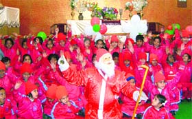Students celebrate Christmas at Shastri School in Mohali on Wednesday
