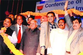 Former BJP national president Nitin Gadkari, along with former MP Satya Pal Jain, city BJP president Sanjay Tandon, Punjab Minister Madan Mohan Mittal and former Union Minister Harmohan Dhawan in Sector 30, Chandigarh