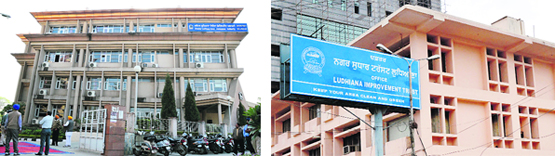 The office of the Greater Ludhiana Area Development Authority; and (right) the Ludhiana Improvement Trust building.