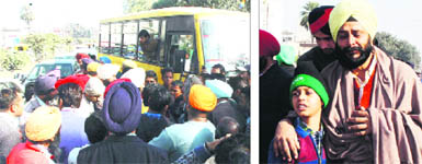 Residents block traffic after the accident; and (right) the wailing father of the teenage girl in Amritsar on Thursday.