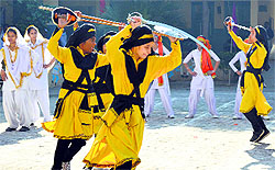 Girls display martial art skills during an athletics meet at Ramgarhia Girls Senior Secondary School, Miller Ganj, Ludhiana, on Thursday