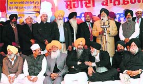 Chief Minister Parkash Singh Badal addresses a political conference at the Shaheedi Jor Mela in Fatehgarh Sahib on Thursday