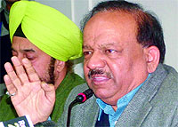 BJP leader Harsh Vardhan addresses a press conference at Vidhan Sabha in Delhi on Friday