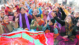 hojan Matas protest in support of their demands in Dehradun on Friday.