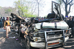 The crushed school van at Jaheera village near Nakodar in Jalandhar. Tribune photo: Malkiat Singh