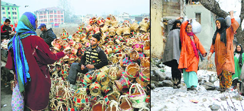 A vendor sells traditional fire pots, 'kangris', at Batmaloo in Srinagar; (right) women carry pitcher pots at Sedew village in Shopian district on Friday. With the dipping mercury, water taps were frozen in many parts of the Valley.