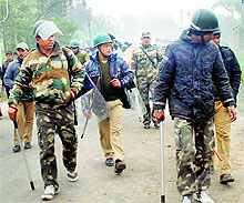 A police patrol in Bajrapara village in Jalpaiguri district of West Bengal on Friday, a day after bomb blast in which five persons were killed