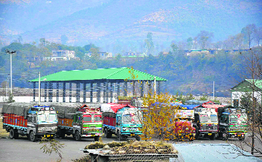 Trucks parked inside the Chakan da Bagh cross-LOC trade centre in Poonch. 