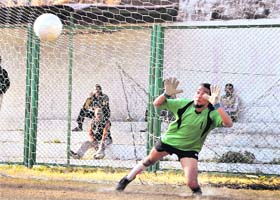 A player in action during a match in the Swami Vivekanand Memorial District-LevelFootball Tournament in Dehradun on Sunday