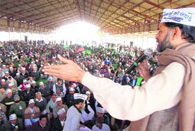 AAP leader Yogendra Yadav addresses a party conclave at Yamunanagar on Sunday