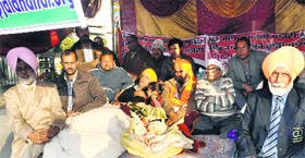 The AAP activists on hunger strike at the Nehru Garden chowk in Jalandhar.