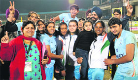 Indian kabaddi players in a jubilant mood after winning the 4th World Cup Kabaddi title at Guru Gobind Singh Stadium in Jalandhar.
