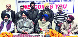 Vidhan Sabha speaker Charanjit Singh Atwal, SAD general secretary Professor Prem Singh Chandumajra, halqa in-charge Jagdeep Singh Cheema and Steel Chamber president Bharat Bhushan Jindal at a function in Mandi Gobindgarh
