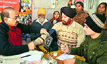 A doctor examines a patient during a medical check-up camp in Ludhiana on Sunday