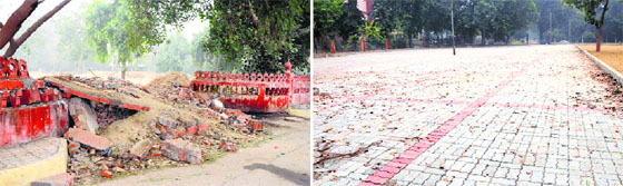 The demolished boundary wall of the historic Ram Bagh in Amritsar tells the sorry state of affairs, while the newly laid pavement has tinkered with the heritage of the garden.