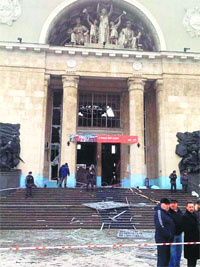 Debris lies outside an entrance to Volgograd railway station on Sunday
