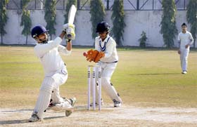 A match in progress during the SS Bawa Memorial Under-16 Inter-School Cricket Tournament at the LIC ground in Sector 26 on Monday