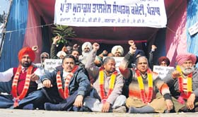 Up in arms: Members of the PUDA Employees Cooperation Sangharsh Committee sit on a hunger strike in front of the office in Phase VIII, Mohali, on Monday