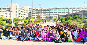 Doctors, students, nurses, paramedical and clerical staff of the Punjab Institute of Medical Sciences (PIMS) hold protest in Jalandhar on Monday.