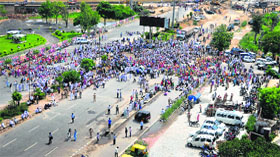 On June 28, followers of the Dera Sacha Sauda Sect protested and blocked the National Highway near Sidhwan Canal to press upon their demand to arrest the accused for morphing the picture of Dera Chief on a social networking site. Tribune Photo: Himanshu Mahajan