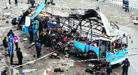 The mangled remains of a bus after the blast in Volgograd city of Russia on Monday.