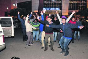 City residents dance to celebrate the New Year in Bathinda on Tuesday night