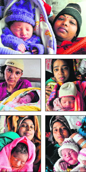 (Clockwise from top) Geeta, Sonal Preet, Rakhi Thakur, Paramjit and Pushpa with their newborns at the GMCH in Sector 32, Chandigarh, on Wednesday.