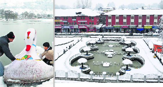 (Right) An aerial view of Partap Park after a heavy snowfall; and a tourist clears snow from a boat before taking a ride in a snow-covered pond.