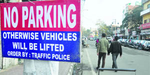Signboards installed by traffic police near the Residency Road in Jammu. 