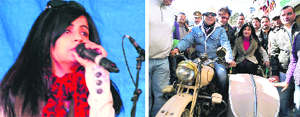 Shibani Kashyap performs during the Winter Line Carnival in Mussoorie; and (right) eminent Bollywood singer Sivamani rides a bicycle dating back to the World War era. Tribune photos: Ajay Ramola 