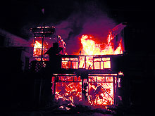 Shops and houses afire in the Thathri area of Doda district