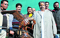Minister for Housing and Culture Raman Bhalla after inaugurating trade fair at Gandhi Nagar in Jammu on Thursday
