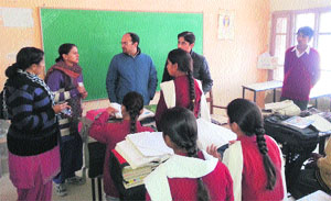 DGSE Kumar Rahul interacts with teachers and students during the checking in Bathinda on Friday. 
