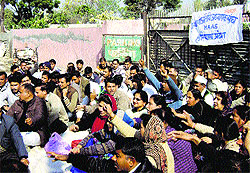Guest teachers protesting outside MP Naveen Jindals house in Kurukshetra on Friday